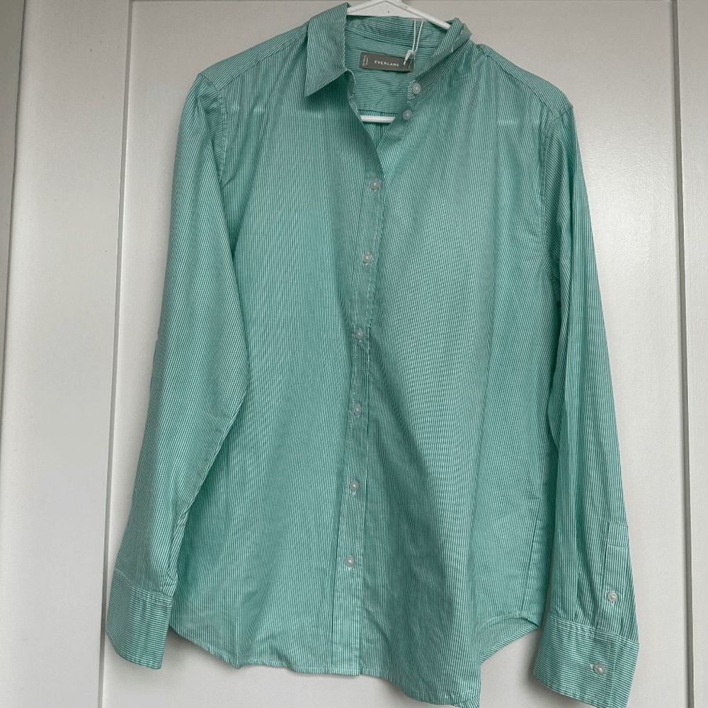 NWT Everlane Green Button Down Cotton Oversized Pinstripe Shirt Size 10